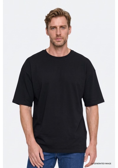 Ac&Co / Altınyıldız Classics Erkek Sıyah %100 Pamuk Oversize Fit Rahat Kesim Bisiklet Yaka Basic Tişört Siyah