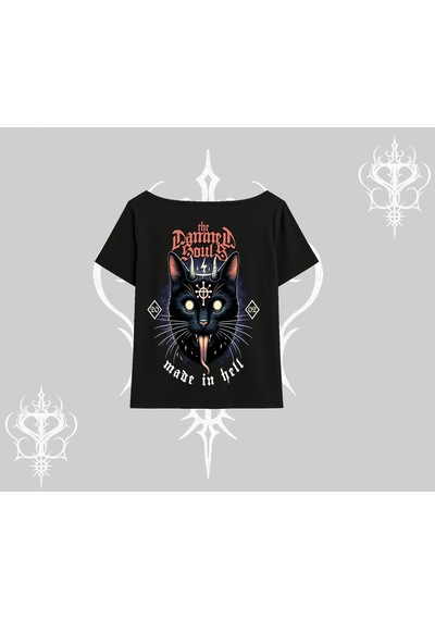 Tarzsokak Gothic Cat Made İn Hell Baskılı Sweatshirt Kayık Yaka Tshirt Siyah