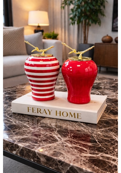 Dekoratif Obje - 2'li Şah Küp Kırmızı Klasik Zebra Gold