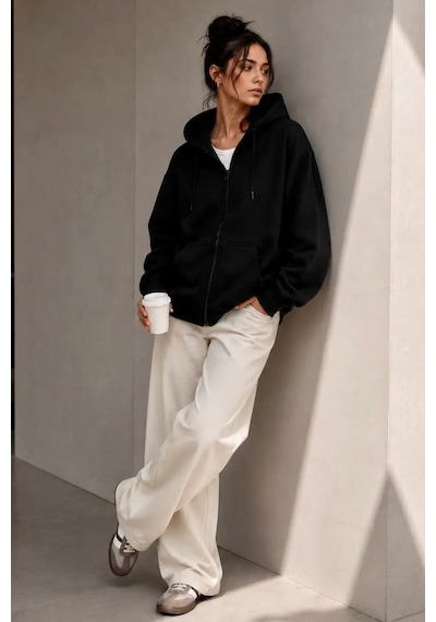Bb Butik Basic Oversize Kalın Üç Iplik Fermuarlı Kapüşonlu Sweatshirt siyah