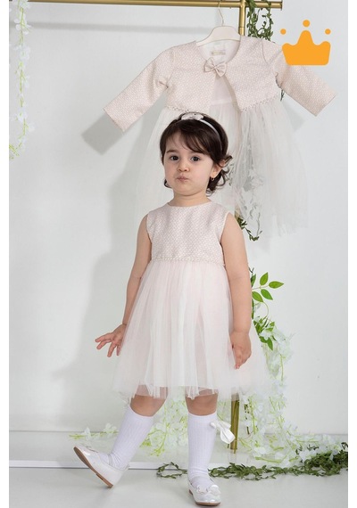 Babyhola Minimony 6-24 Ay Mine Desen Ceketli Kız Bebek Çocuk Bayramlık Abiye Gelinlik Elbise Takım 1013 Pudra