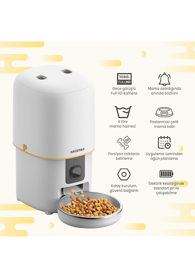 Haustier Pf05 Beyaz Kameralı 1080p Fhd Gece Görüş Akıllı Otomatik Kedi Mama Kabı, Tuya App-wifi Uzaktan Kontrol, Sesle Çağırma, 2.4ghz-5ghz, 4lt Hazne, Metal Kase