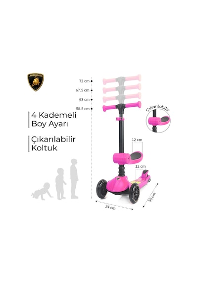 Lamborghini Lisanslı L5 2in1 Katlanabilir Oturaklı Işıklı 3 Tekerlekli Çocuk Scooter Pembe