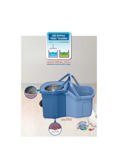 Twin Turbo Pedallı Çelik Mop Set, Temiz Ve Kirli Suyu Ayıran Otomatik Temizlik Seti 1+1 Mop Mavi