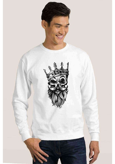 Gamblıng King Skull Baskılı Beyaz Erkek Örme Sweatshirt