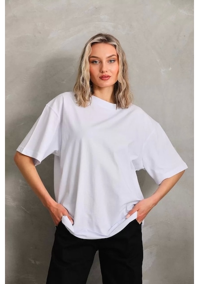 Unisex Bisiklet Yaka 20/1 Düz Oversize T-shirt - Beyaz