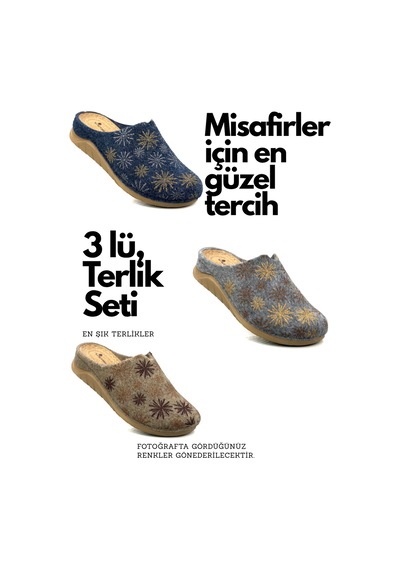 Kadın Ev Terliği 3 Lü Set Poli Taban Hafif Tabanlı Sıcak Tutan Ev Terliği Gri Vizon Laci