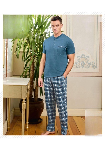 Pijamoni Erkek Düğme Yaka Kısa Kol Pijama Takımı 6850/8 - 1 Adet Mavi