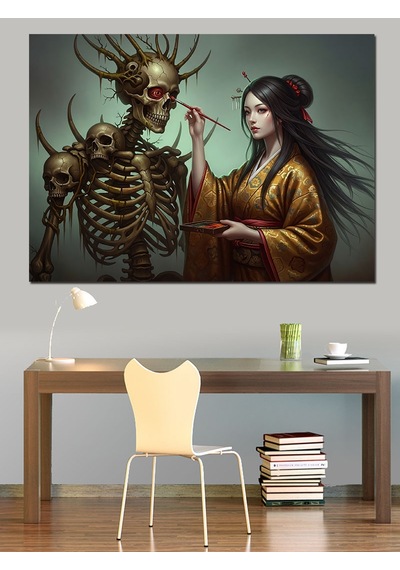 İskelet Ve Kadın Ressam Dekoratif Kanvas - Mdf Ahşap Tablo