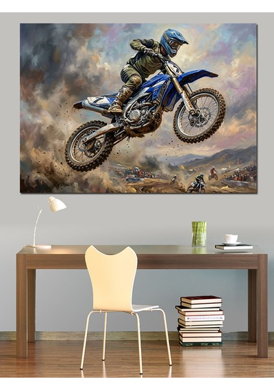 Havada Süzülen Modern Motosiklet Sürücüsü Dekoratif Kanvas - Mdf Ahşap Tablo