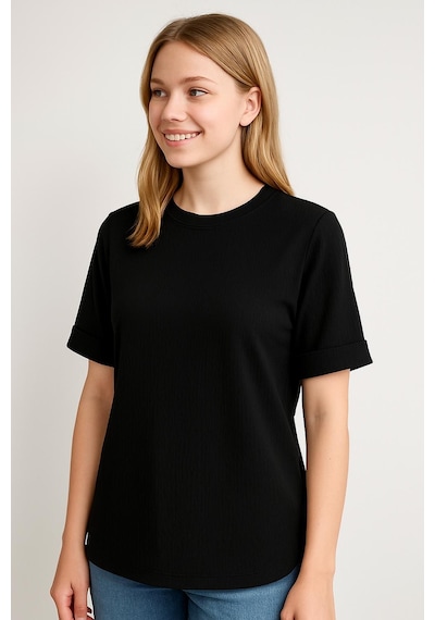 Kadın Oversize Kalıp Bürümcük Kumaş Duble Kol Yandan Yırtmaçlı T-shirt Bluz - T954 Siyah Kadın Oversize Kalıp Bürümcük Kumaş Duble Kol Yandan Yırtmaçlı T-shirt Bluz - T954 Siyah