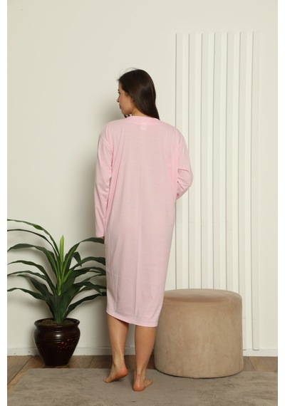 Yasar Underwear Kadın Uzun Kollu Dantel Detaylı Rahat Kesim %100 Pamuk Gecelik Açık Pembe Açık Pembe