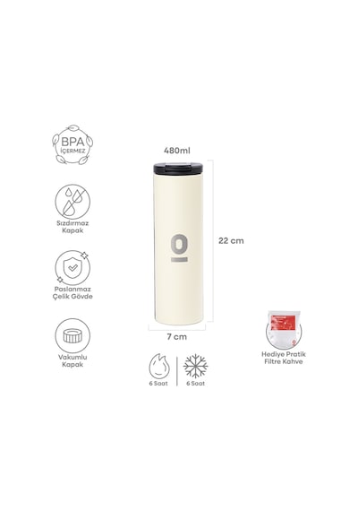Paslanmaz Çelik Ekru Uzun Termos 480 ML No:48