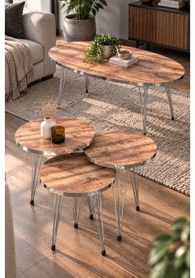 Sulorahome Gümüş Tel Ayaklı Ceviz Desenli 4'lü Sehpa Seti