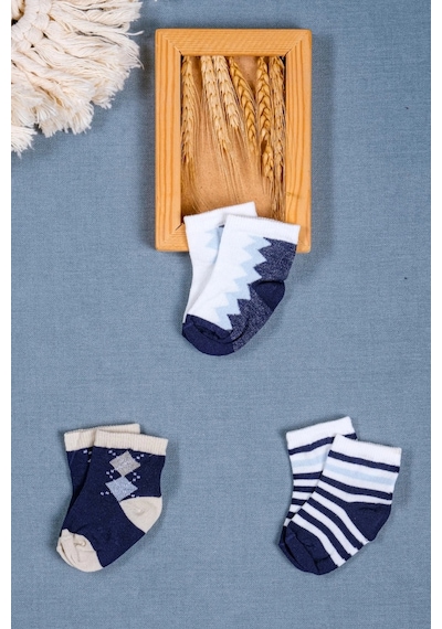 Cocole Socks Erkek Bebek Soket Çorabı 3 Lü Set Pamuklu Baklava & Zigzag Desenli Çok Renkli