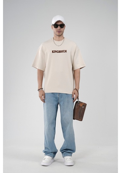 King-Brich Oversize Kalıp Kingbrich Baskılı Tişört Bej