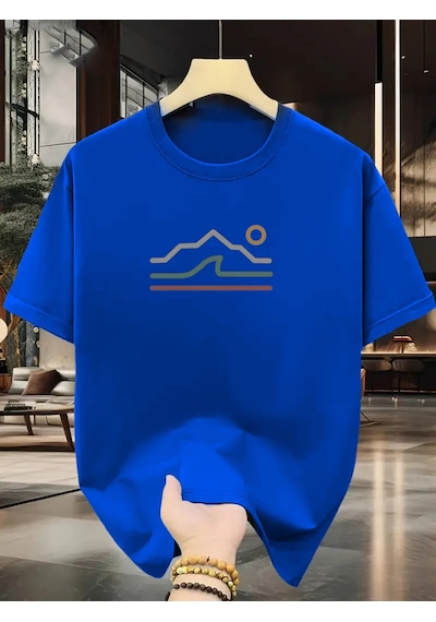 Unisex Güneşli Dağ Tasarım Basklı Tshirt Mavi