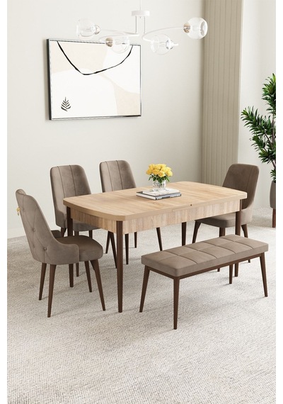 Clara Meşe Desen 80x132 Açılabilir Mdf Masa Yemek Odası Takımı,mutfak Takımı 4 Sandalye 1 Bench Cappucino Clara Meşe Desen 80x132 Açılabilir Mdf Masa Yemek Odası Takımı,mutfak Takımı 4 Sandalye 1 Bench Cappucino