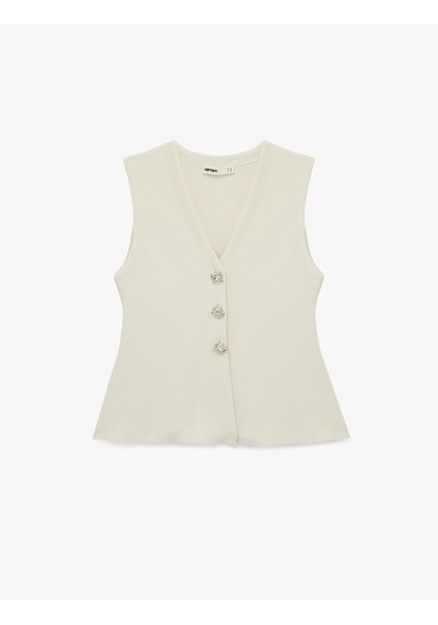 Koton Mücevher Düğme Detaylı Peplum Kesim Triko Yelek Ekru 6sak20011ht Ekru