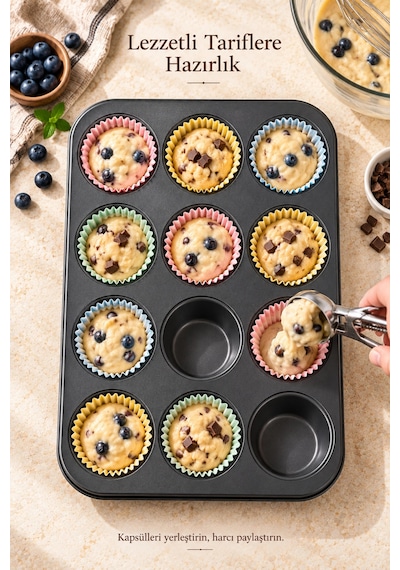 Tilbe Home 2li Muffin Kek Kalıbı Cupcake Yanmaz Yapışmaz Kurabiye Kalıbı Fırın Çörek Browni Kapsül Tepsisi Siyah