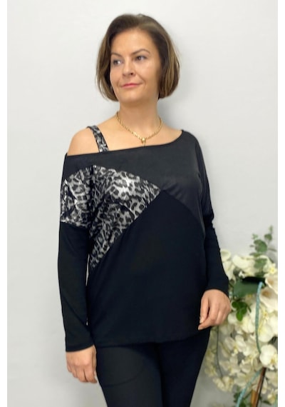 Mia Butik Büyük Beden Siyah Tek Omuz Leopar Detaylı Bluz-1582 Gri
