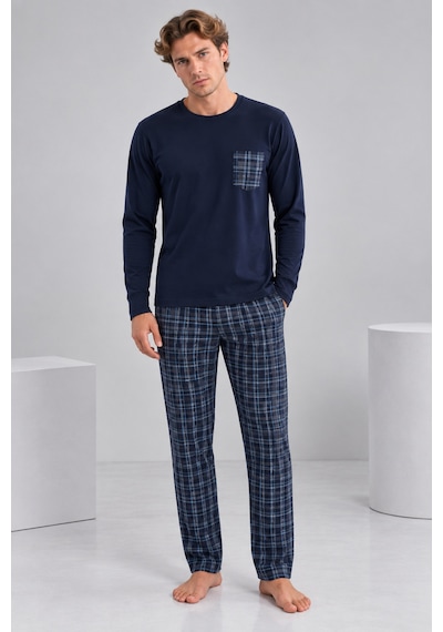 Pijamask Erkek Lacivert Ekose Pantolonlu Cepli Uzun Kollu Pijama Takımı Lacivert