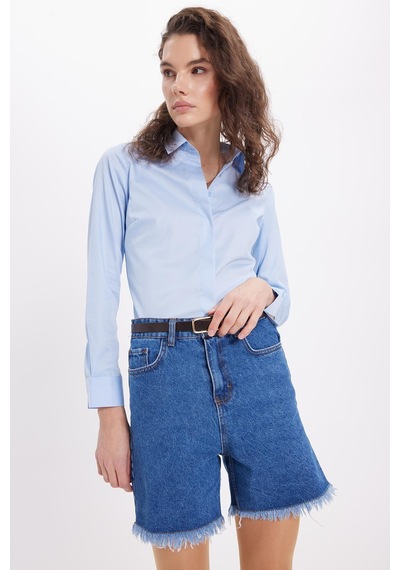 Tudors Kadın Slim Fit Non-ıron Pamuklu Vücuda Oturan Ütü Gerektirmez Pensli Mavi Gömlek-42047 Mavi