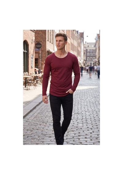 Deepsea Erkek Bordo %95 Pamuk Slim Fit Kesik Açık Yaka Likralı Penye Sweatshirt Oval Kesim 2602299