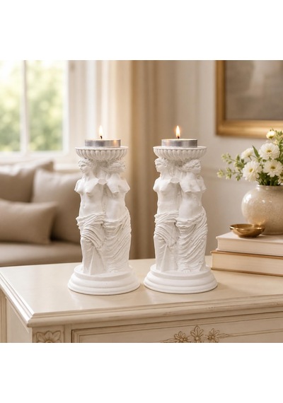 Yunan Üç Güzeller Tealight Mumluk Seti 2 Li, 16 Cm Taş Tozu Beyaz Heykel Mumluk, Antik Mitoloji Ev Dekoru