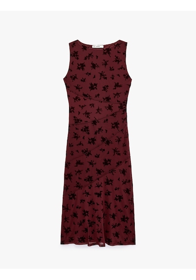 Koton Kayık Yaka Kolsuz Slim Fit Tül Elbise Kahverengi Desenli 7wal80017ık