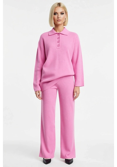 Benerly Kadın Alt Üst Polo Yaka Fitilli Triko Kazak Geniş Paça Pantolon T Pembe