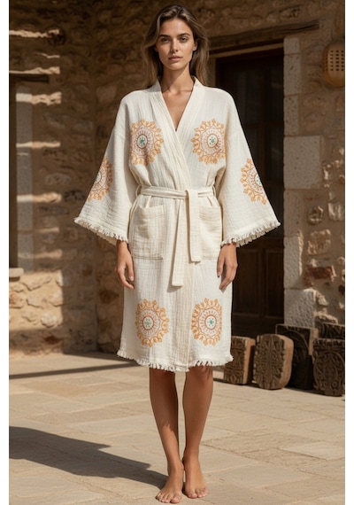 Varol Organik %100 Pamuk Kimono Yaka Sabahlık Bornoz - Lemura Krem