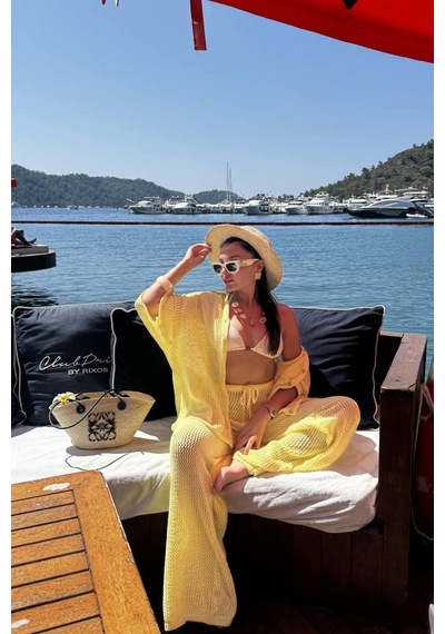 De Pose Trend Kimono Ajur Desenli Triko Plaj Takımı Limon Sarı