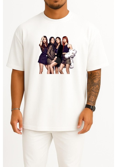Bahriyeli Collection Oversize Blackpınk Magazine Gq K-pop Elle Göğüs Tasarımlı Unisex T-shirt Beyaz