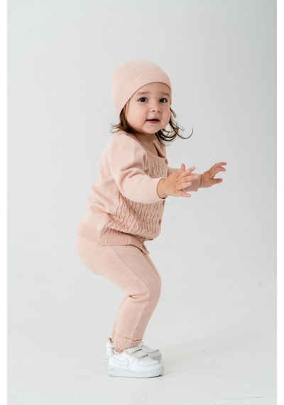 Babyhola Unisex Triko Saç Örgülü Alt Üst Bere 3'lü Takım 22108 Pembe