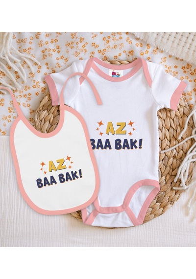 Bk Gift Bk Kids Az Baa Bak Tasarımlı Pembe Bebek Body Zıbın Ve Mama Önlüğü Hediye Seti-1 Çok Renkli