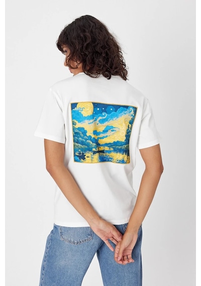 Yapay Zeka Tasarım Sırt Aplike Özel Baskılı %100 Pamuklu Penye Regular Fit T-shirt Vangogh Beyaz