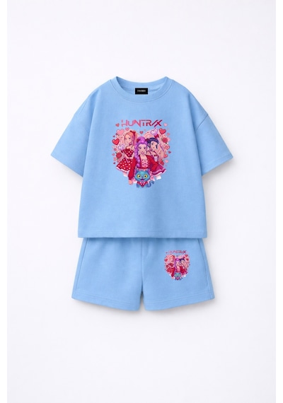 Fasardi Kpop Demon Hunters Huntrix Zoey Rumi Mira Baskılı Oversize %100 Pamuk Tişört Şort Çocuk Takım Mavi