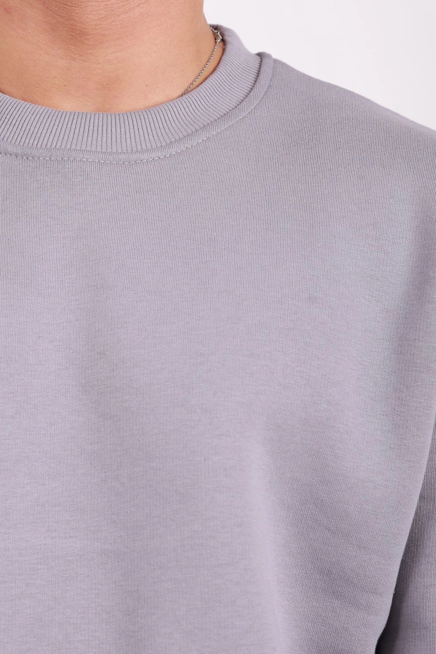 Erkek Standart Fit Bol Kesim %100 Pamuklu Içi Şardonlu 3 Iplik Bisiklet Yaka Sweatshirt Gri