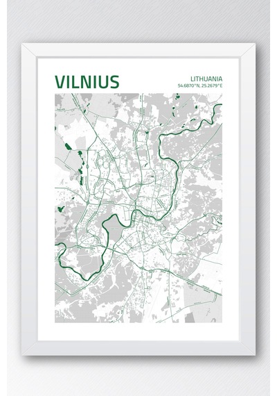 Vilnius Litvanya Haritası Çerçeveli Tablo Lüks Salon Ofis Duvar Dekorasyonu Hediyelik Tablo Beyaz