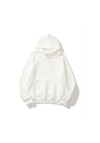 3 İplik Pamuklu Unisex Kapşonlu Sweetshirt - Beyaz