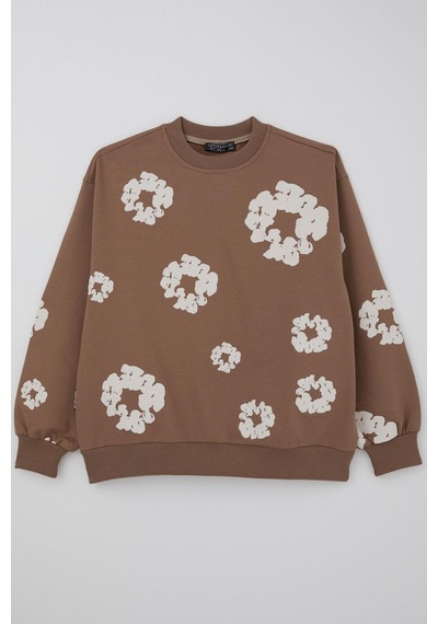 Locoloco Kız Çocuk Sweatshirt Çiçek Baskılı 9-14 Yaş, Kahverengi Kahverengi