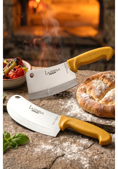 Lazbisa Mft-012 Gold Serisi Pide Börek Mutfak Bıçağı Salata Pizza Bıçak Kıyma Satırı Doğrama 2 Li Set Sarı