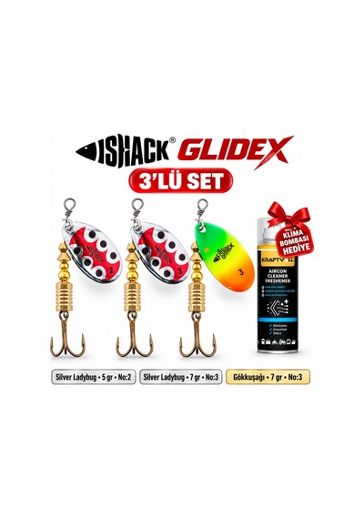 Fishack Glidex 3'lü Döner Kaşık Seti + Klima Bombası - Silver Ladybug 5 Gr No:2 + Silver Ladybug 7 Gr No:3 + Gökkuşağı 7 Gr No:3