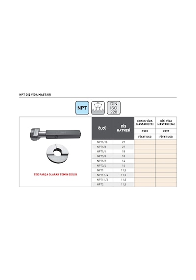 Fett Npt1/4 -18 Pld Dın228 C998 Erkek Npt Diş Vida Mastarı