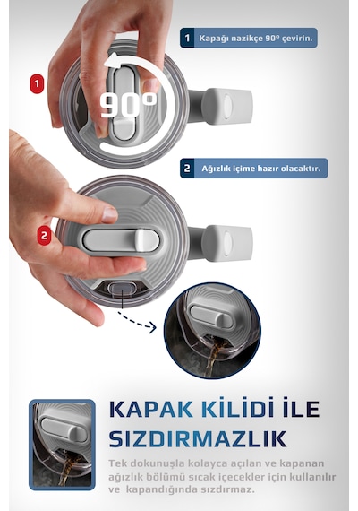 Fika Lumi Patentli Döner Kulplu Sızdırmaz Çift Ağızlıklı Çelik Termos 950 Ml Beyaz