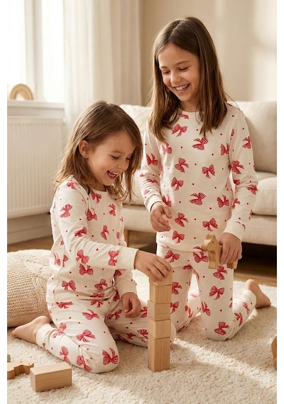 Ekru Renk Kırmızı Fiyonk Baskılı Kız Çocuk Pijama Takımı Ekru