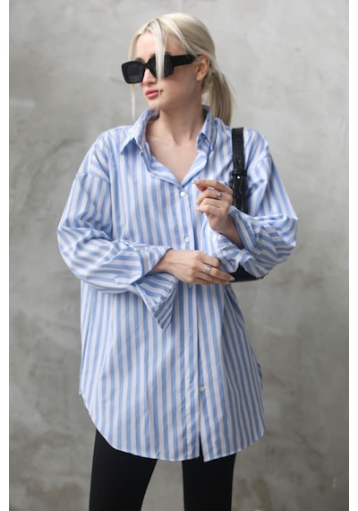 Madmext Mavi Çizgili Oversize Kadın Gömlek Mg1688