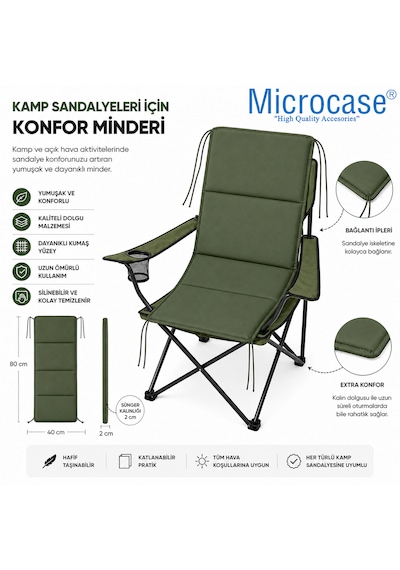 Microcase İple Sabitlemeli Katlanabilir Sırtlıklı Tasarım Kamp Sandalyesi Minderi Piknik Outdoor Balıkçılık 80x40 Cm Al5565 Krem