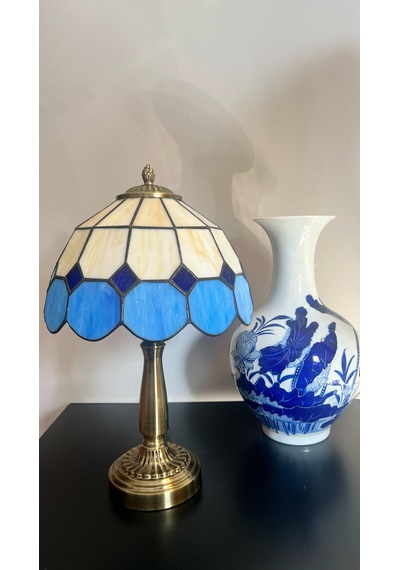 Yüceeller El Yapımı Eskitme Vitray Retro Abajur Masa Lambası Mavi